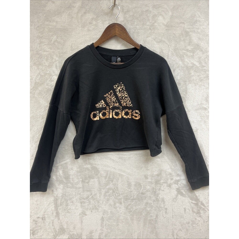 Adidas Cropped Sweatshirt Women’s S Black Graphic Pullover Gold Logo‎ Athletic